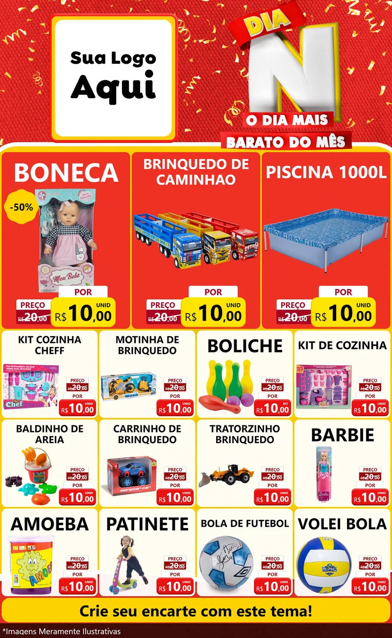 Modelo de Encarte para Encarte Grande com o tema Dia N o Dia Mais Barato do Mês para Brinquedos