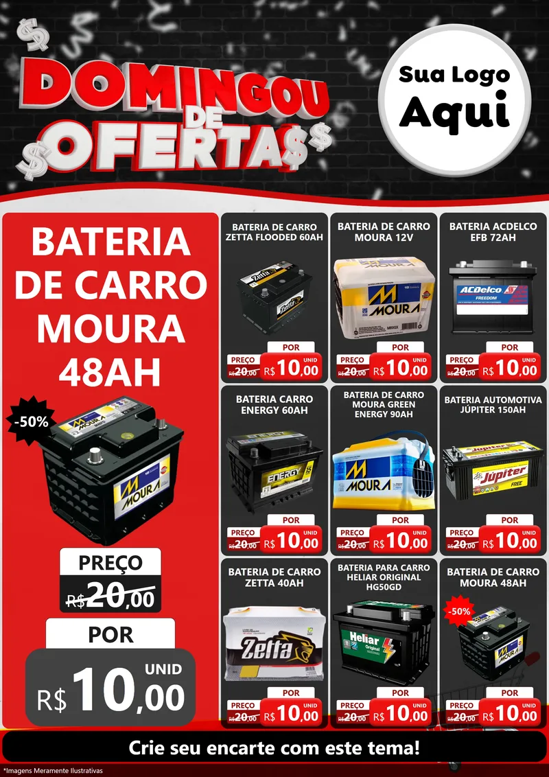 Modelo de Encarte para Encarte A4 Vertical com o tema Domingou de Ofertas para Baterias Elétricas