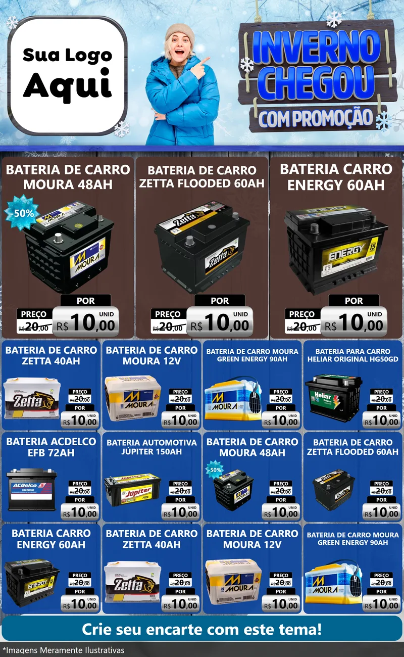 Modelo de Encarte para Encarte Grande com o tema Inverno Chegou Com Promoção para Baterias Elétricas