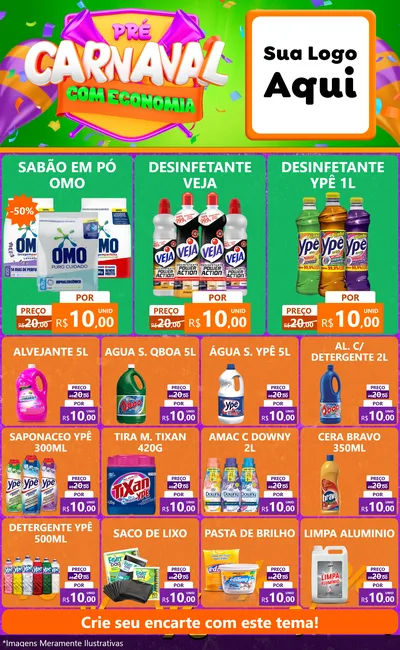 Modelo de Encarte para Encarte Grande com o tema Pré-Carnaval Com Economia para Produtos de Limpeza