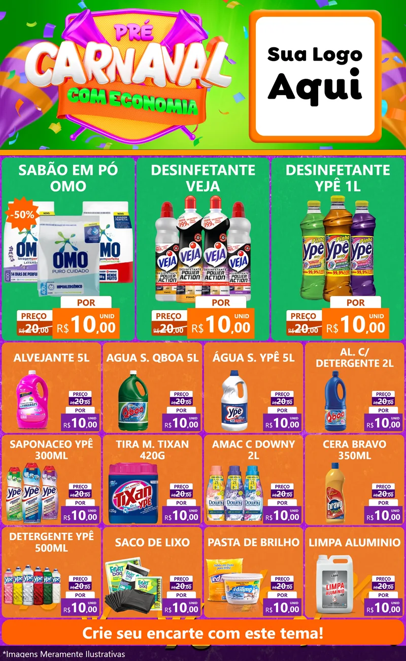 Modelo de Encarte para Encarte Grande com o tema Pré-Carnaval Com Economia para Produtos de Limpeza