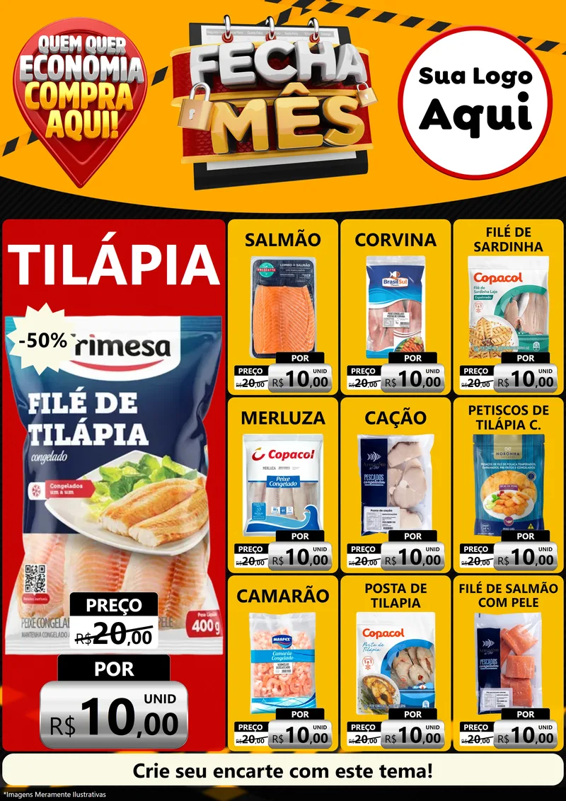 Modelo de Encarte para Encarte A4 Vertical com o tema Fecha Mês para Peixaria