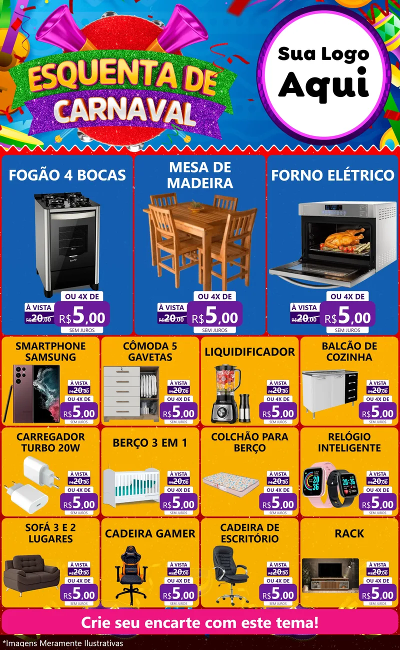 Modelo de Encarte para Encarte Grande com o tema Esquenta de Carnaval para Móveis e Eletro