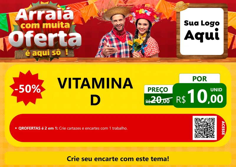 Modelo de Cartaz para Cartaz A4 Horizontal com o tema Arraiá Com Muita Oferta - É Aqui Sô! para Farmácia