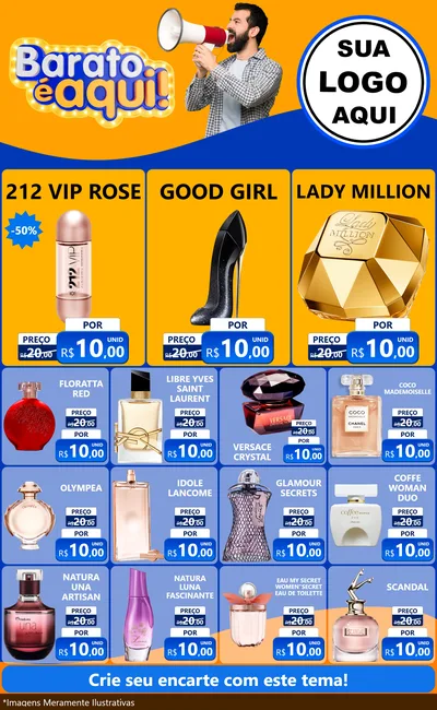 Modelo de Encarte para Encarte Grande com o tema Barato é aqui para Perfumes