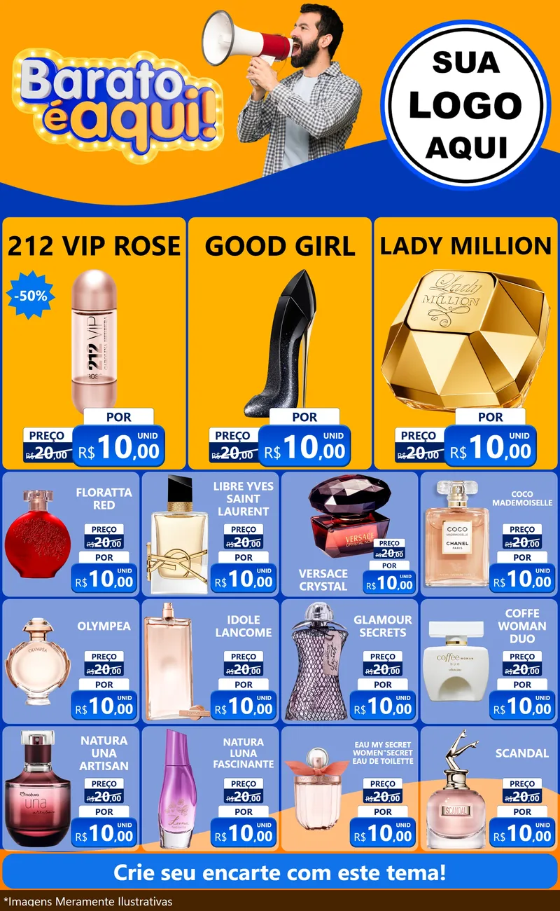 Modelo de Encarte para Encarte Grande com o tema Barato é aqui para Perfumes