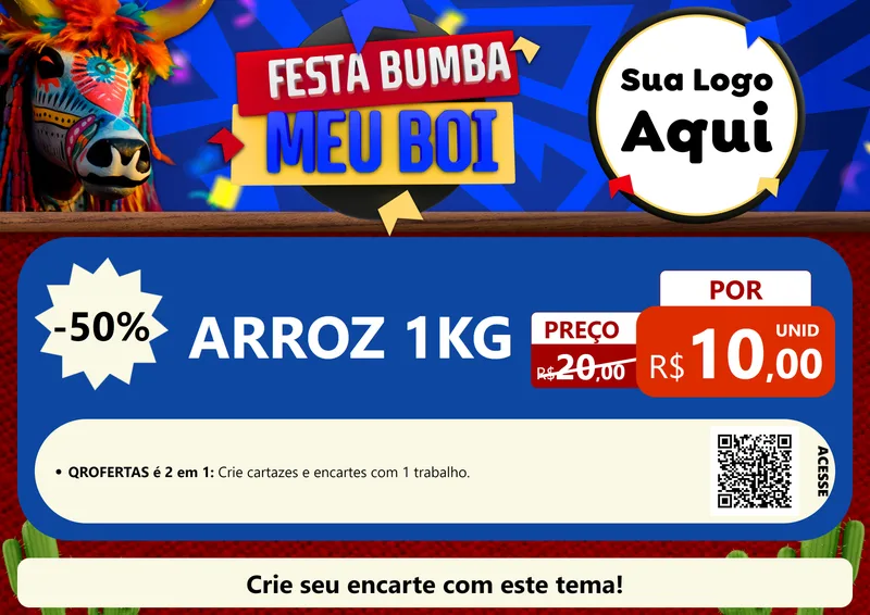 Modelo de Cartaz para Cartaz A4 Horizontal com o tema Festa Bumba meu Boi para Supermercado