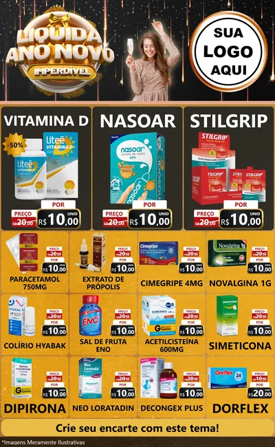 Modelo de Encarte para Encarte Grande com o tema Liquida Ano Novo Imperdível para Farmácia
