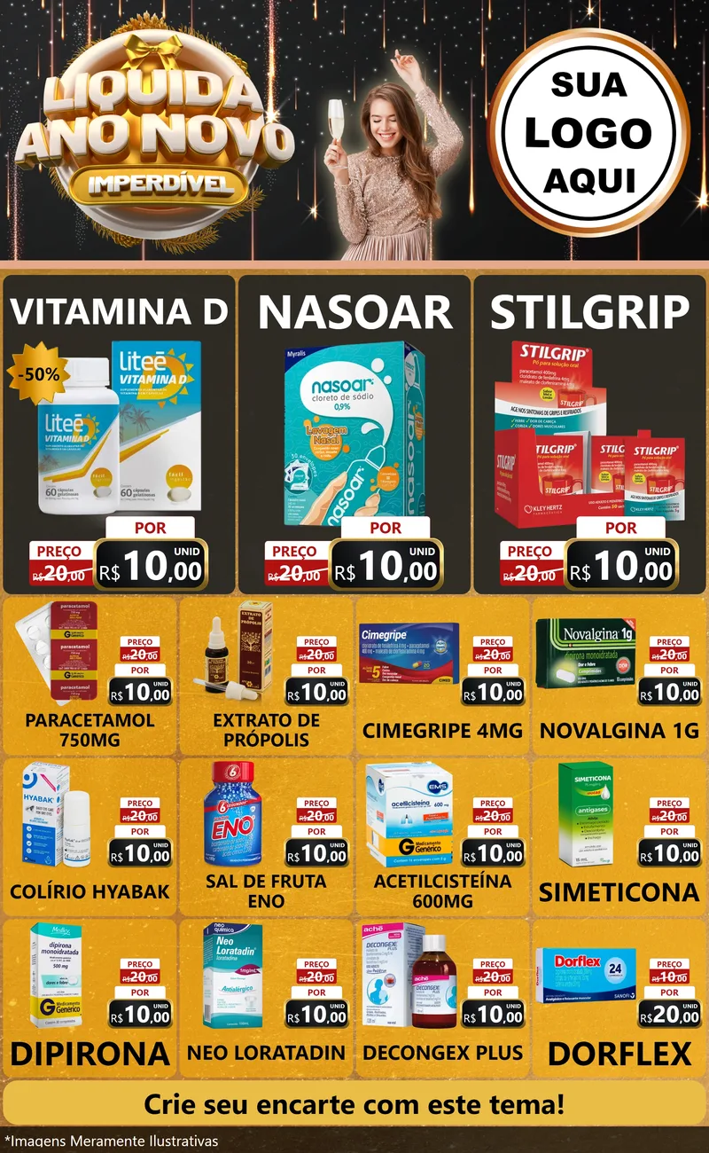 Modelo de Encarte para Encarte Grande com o tema Liquida Ano Novo Imperdível para Farmácia