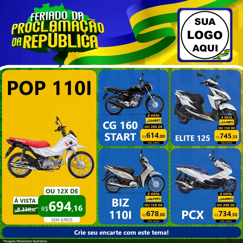 Modelo de Rede Social para Feed Facebook com o tema Feriado da Proclamação da República para Concessionaria de Motos