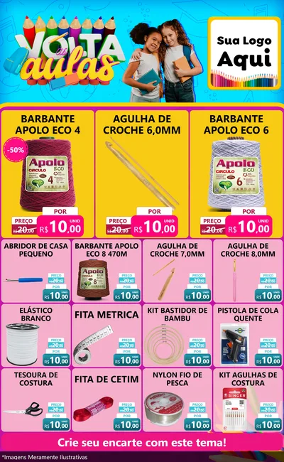 Modelo de Encarte para Encarte Grande com o tema Volta às Aulas para Armarinho e Aviamentos
