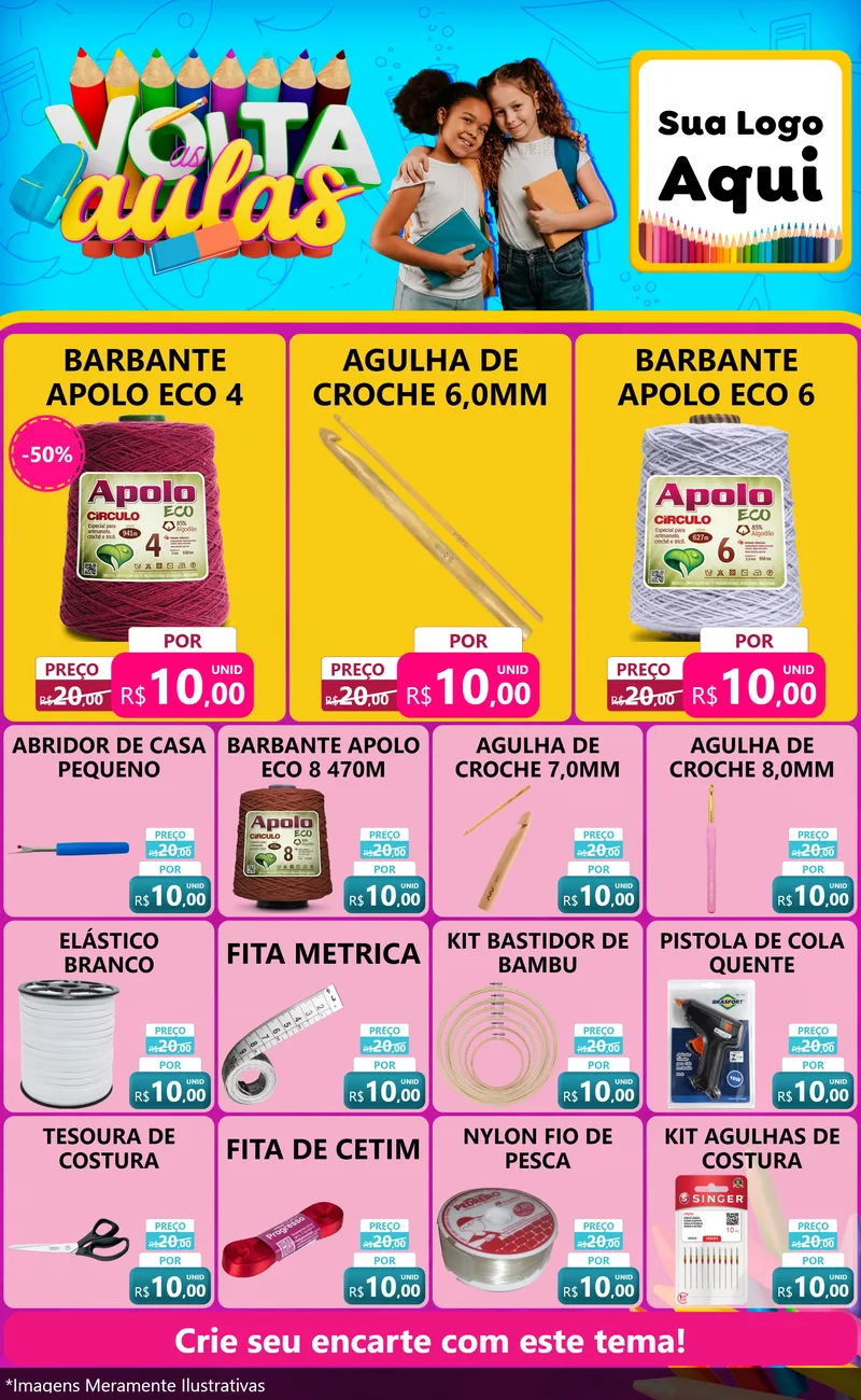 Modelo de Encarte para Encarte Grande com o tema Volta às Aulas para Armarinho e Aviamentos