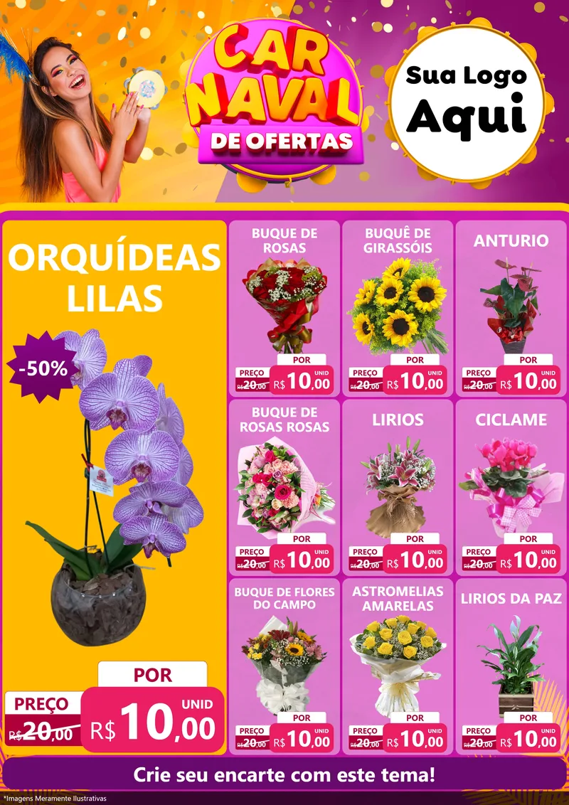 Modelo de Encarte para Encarte A4 Vertical com o tema Carnaval de Ofertas para Floricultura e jardim