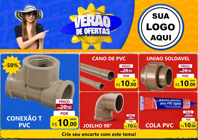 Modelo de Encarte para Encarte A4 Horizontal com o tema Verão de Ofertas para Tubos e conexões