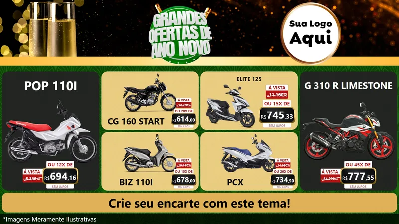 Modelo de TV para TV Horizontal com o tema Grandes Ofertas de Ano Novo para Concessionaria de Motos