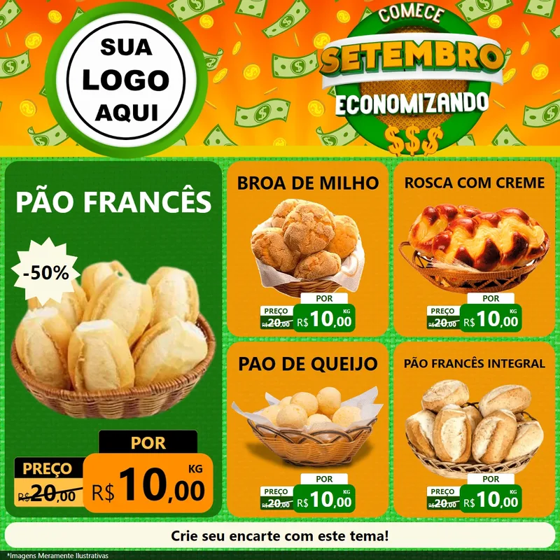Modelo de Rede Social para Feed Facebook com o tema Comece Setembro Economizando para Padaria