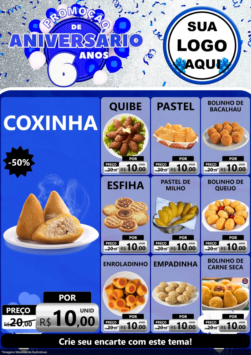 Modelo de Encarte para Encarte A4 Vertical com o tema Promoção de Aniversário - 6 Anos para Salgadaria