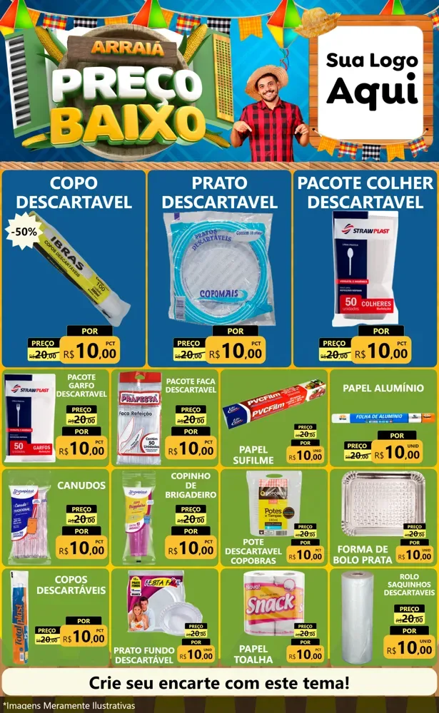 Modelo de Encarte para Encarte Grande com o tema Arraiá de Preço Baixo - Junina para Embalagens
