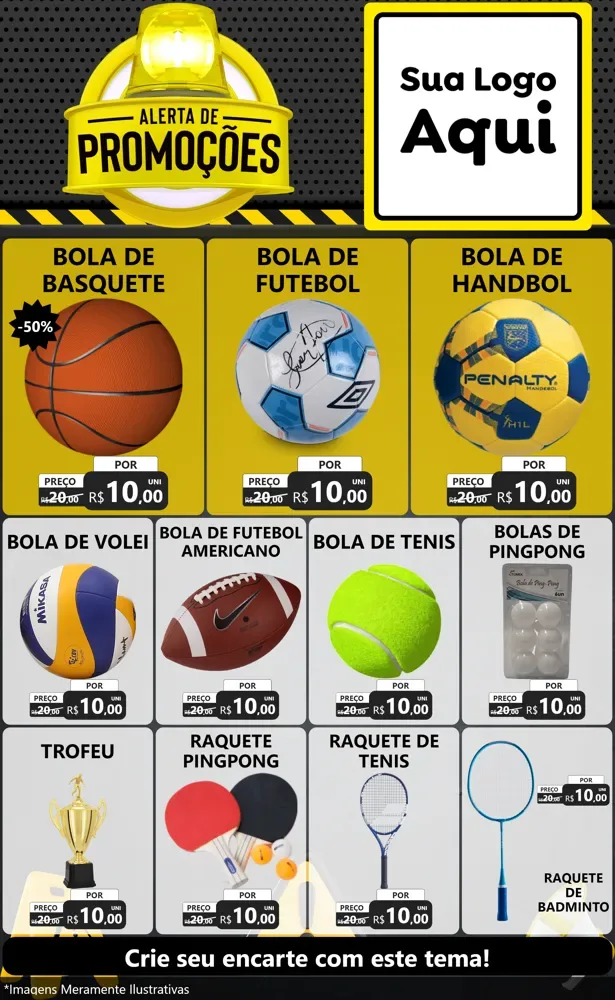 Modelo de Encarte para Encarte Grande com o tema Alerta de Promoções para Artigos Esportivos