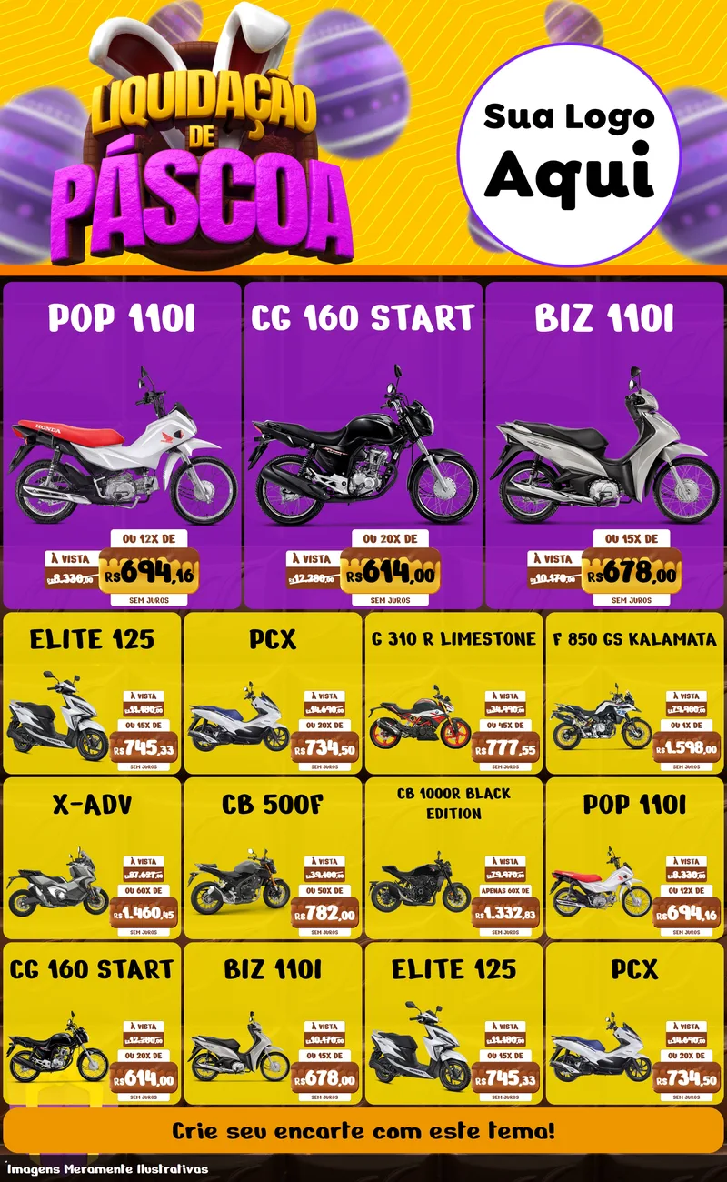 Modelo de Encarte para Encarte Grande com o tema Liquidação de Páscoa para Concessionaria de Motos