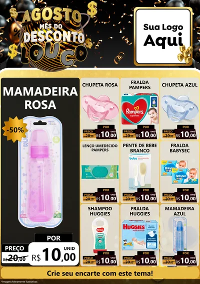 Modelo de Encarte para Encarte A4 Vertical com o tema Agosto Mês do Desconto Louco para Bebês
