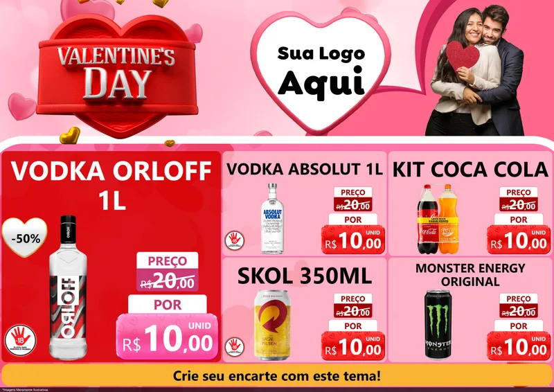 Modelo de Encarte para Encarte A4 Horizontal com o tema Valentine's Day para Distribuidora de bebidas