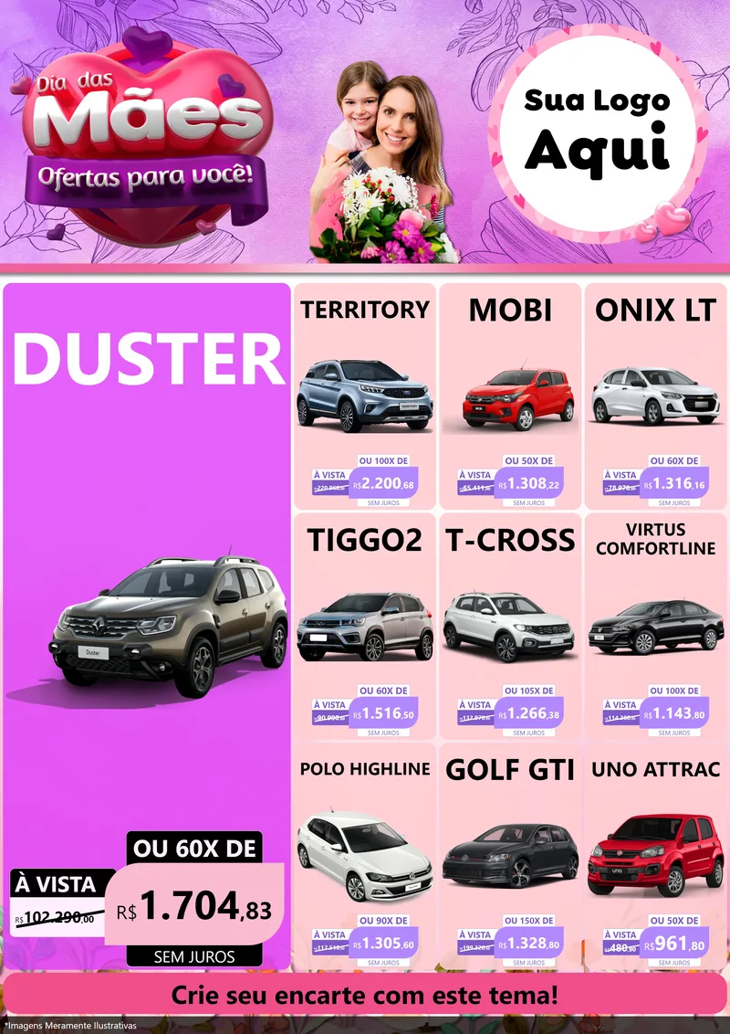 Modelo de Encarte para Encarte A4 Vertical com o tema Dia das Mães Ofertas para Você! para Concessionaria de Carros