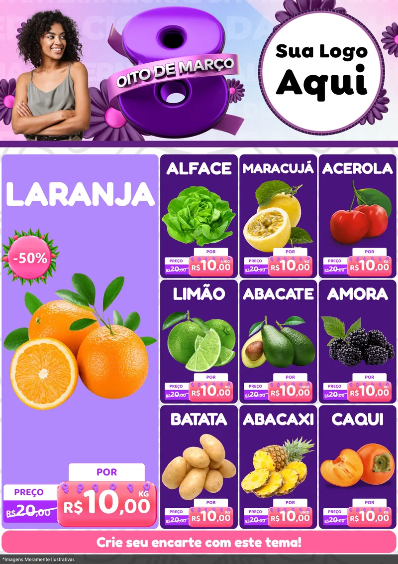 Modelo de Encarte para Encarte A4 Vertical com o tema Oito de Março - Dia da Mulher para Hortifrúti