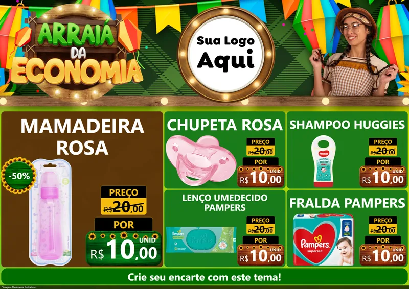 Modelo de Encarte para Encarte A4 Horizontal com o tema Arraiá de Economia para Bebês