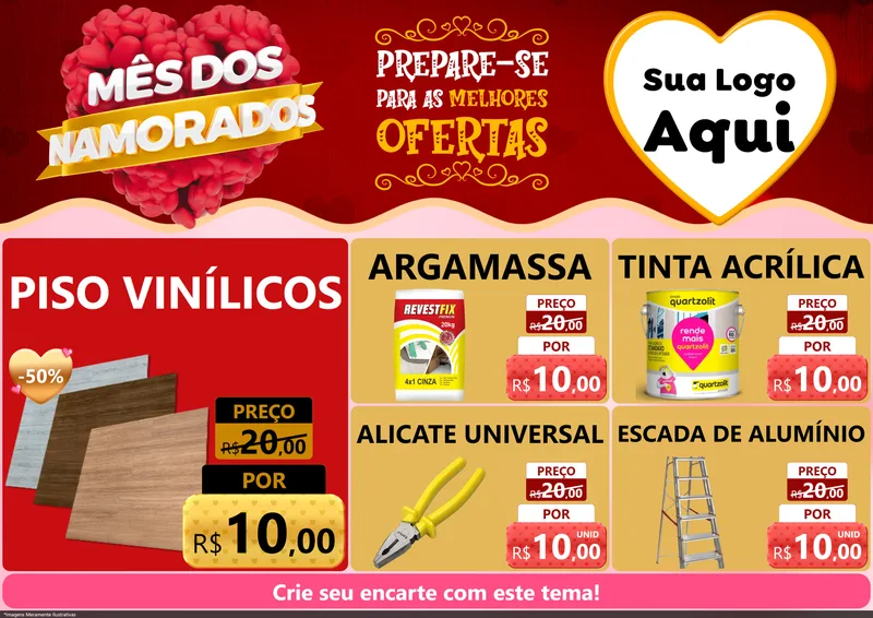 Modelo de Encarte para Encarte A4 Horizontal com o tema Mês dos Namorados para Material para Construção