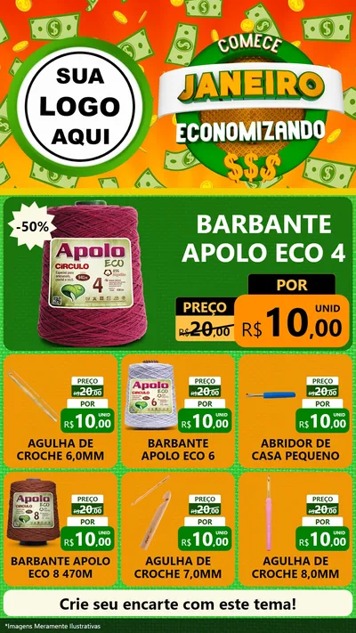 Modelo de Rede Social para Stories com o tema Comece Janeiro Economizando para Armarinho e Aviamentos