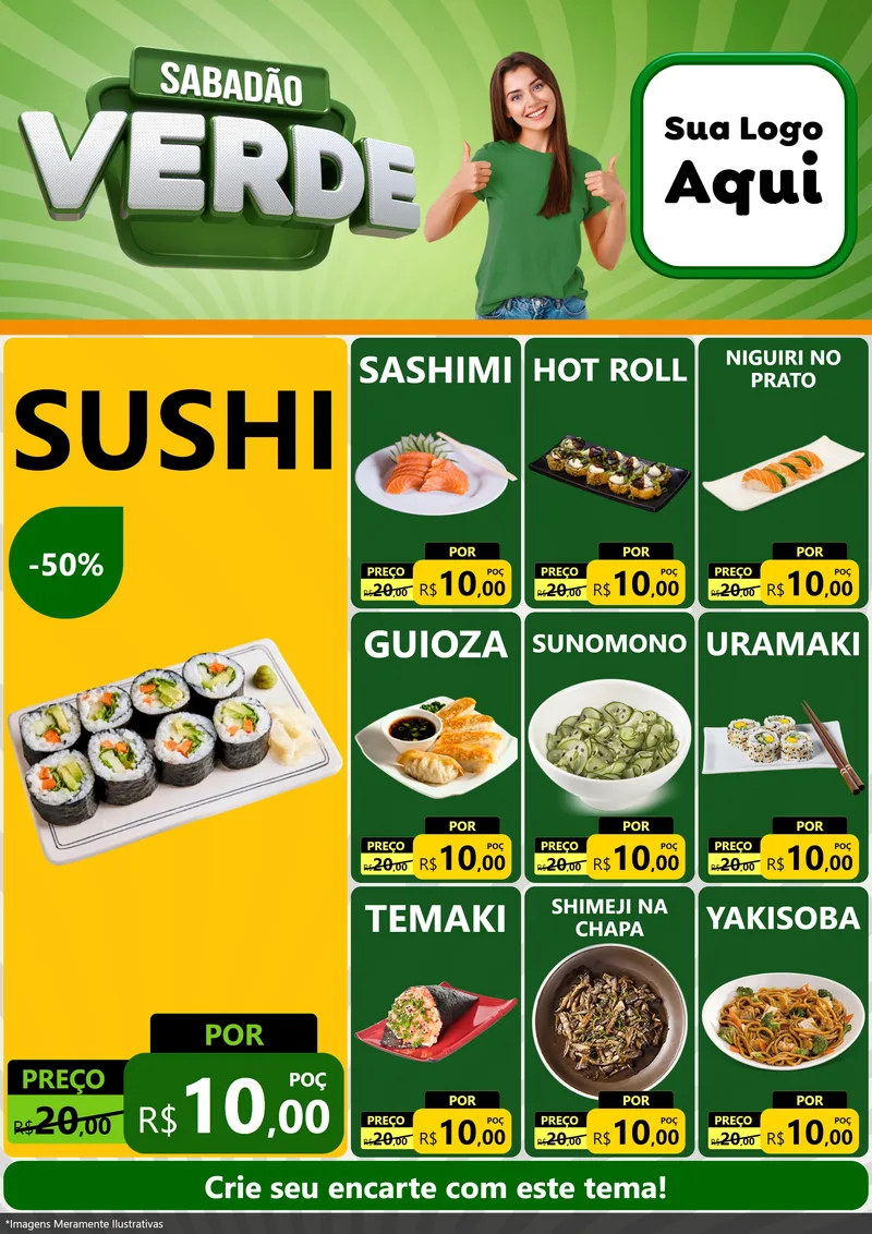 Modelo de Encarte para Encarte A4 Vertical com o tema Sabadão Verde para Comida japonesa