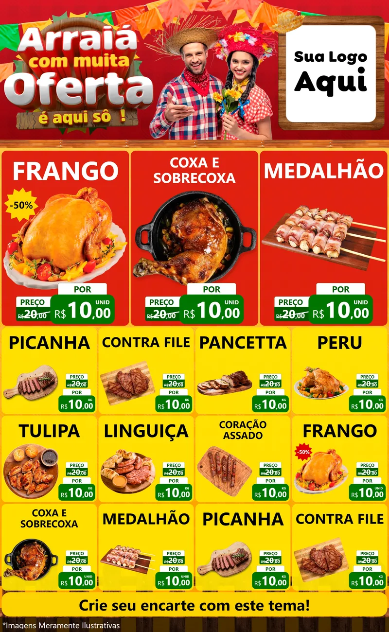 Modelo de Encarte para Encarte Grande com o tema Arraiá Com Muita Oferta - É Aqui Sô! para Assados