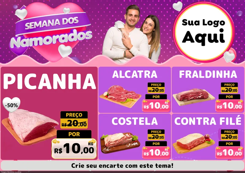 Modelo de Encarte para Encarte A4 Horizontal com o tema Semana dos Namorados para Açougue