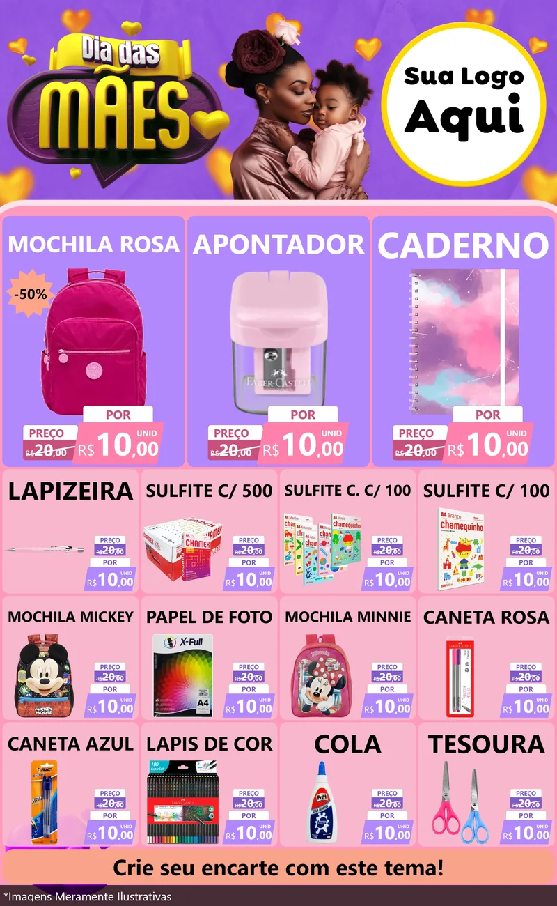 Modelo de Encarte para Encarte Grande com o tema Dia das Mães para Papelaria