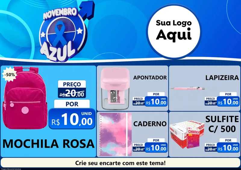 Modelo de Encarte para Encarte A4 Horizontal com o tema Novembro Azul para Papelaria