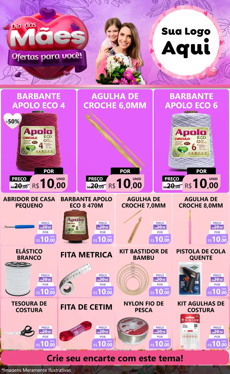 Modelo de Encarte para Encarte Grande com o tema Dia das Mães Ofertas para Você! para Armarinho e Aviamentos