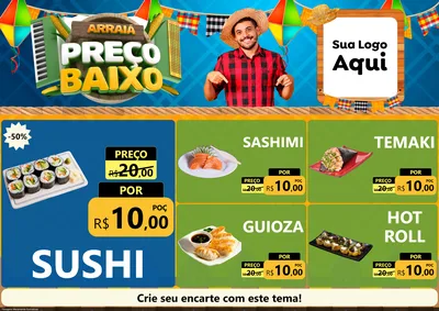 Modelo de Encarte para Encarte A4 Horizontal com o tema Arraiá de Preço Baixo - Junina para Comida japonesa