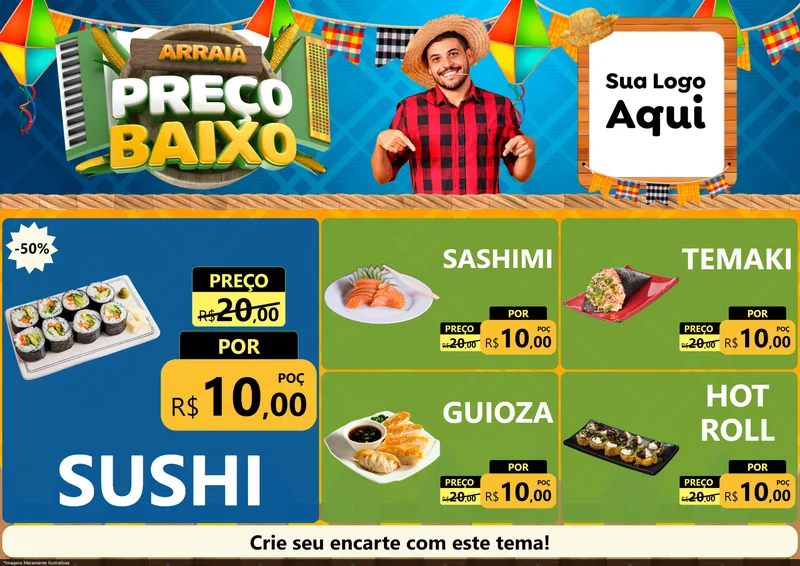 Modelo de Encarte para Encarte A4 Horizontal com o tema Arraiá de Preço Baixo - Junina para Comida japonesa