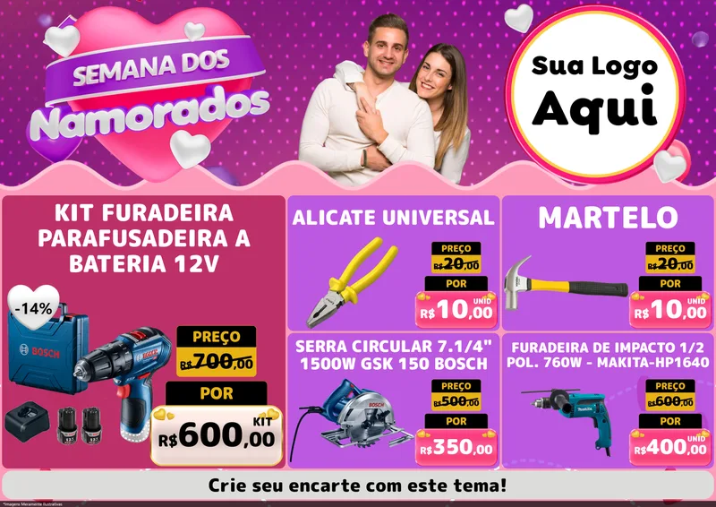 Modelo de Encarte para Encarte A4 Horizontal com o tema Semana dos Namorados para Maquinas e Ferramentas