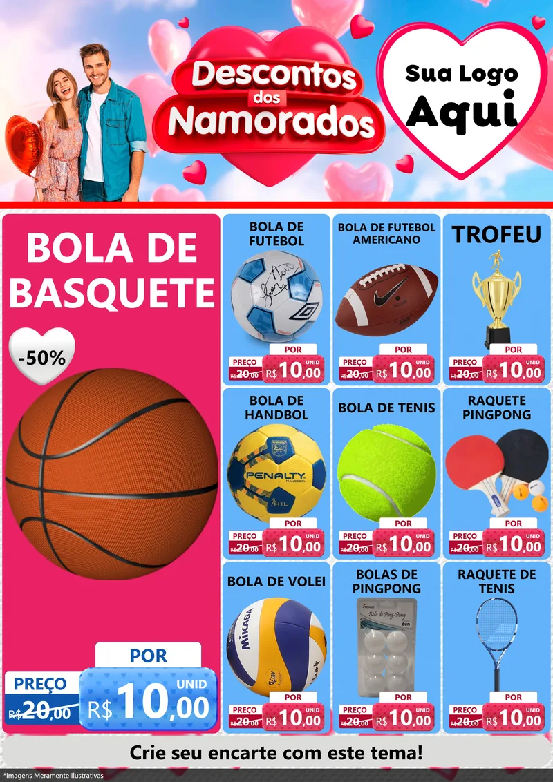 Modelo de Encarte para Encarte A4 Vertical com o tema Descontos dos Namorados para Artigos Esportivos