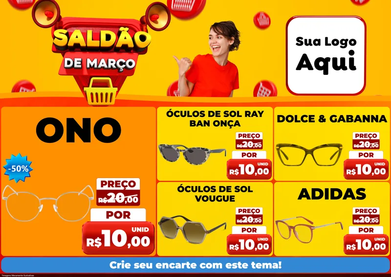 Modelo de Encarte para Encarte A4 Horizontal com o tema Saldão de Março para Óticas