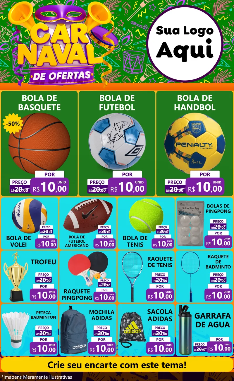 Modelo de Encarte para Encarte Grande com o tema Carnaval de Ofertas para Artigos Esportivos