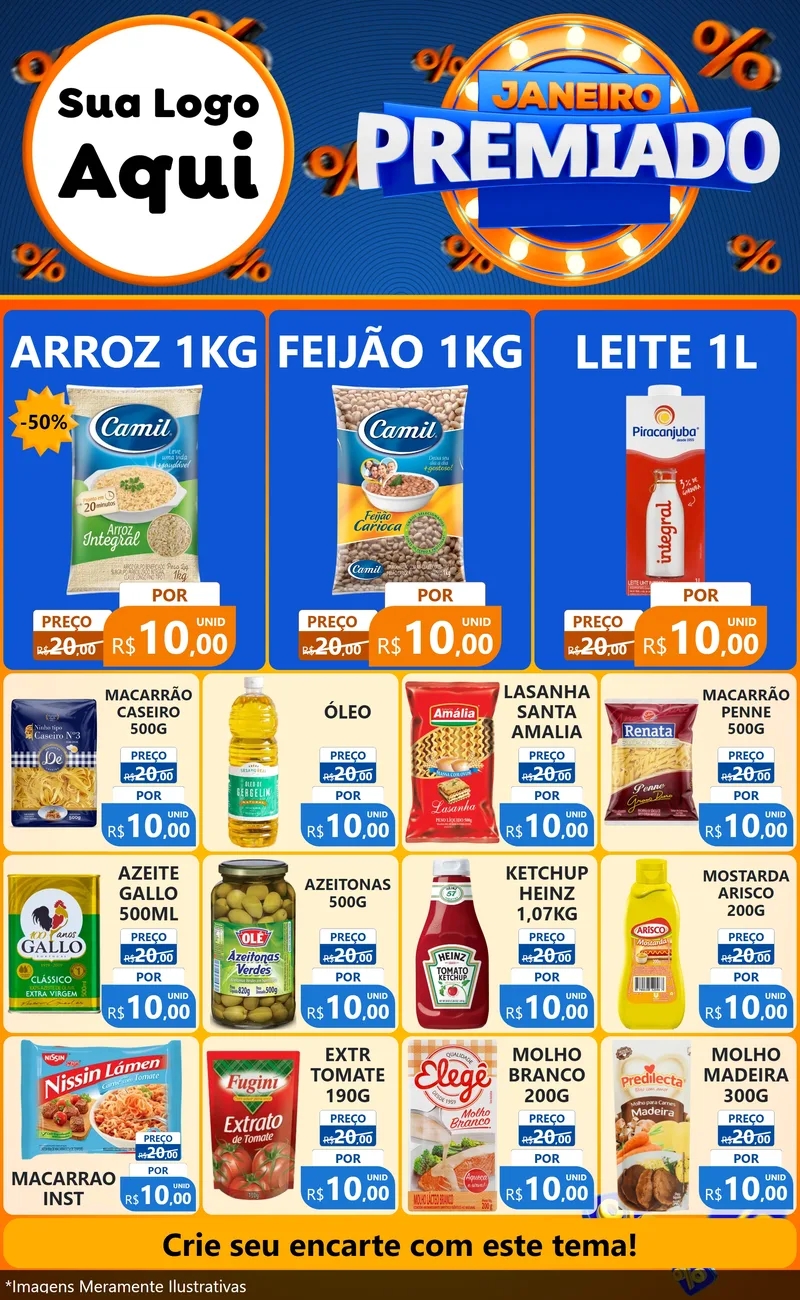 Modelo de Encarte para Encarte Grande com o tema Janeiro Premiado para Supermercado