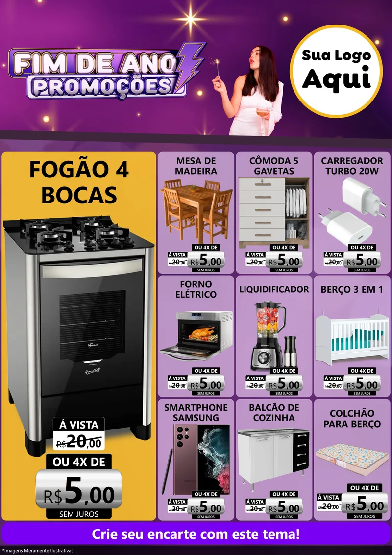 Modelo de Encarte para Encarte A4 Vertical com o tema Fim de Ano Promoções para Móveis e Eletro