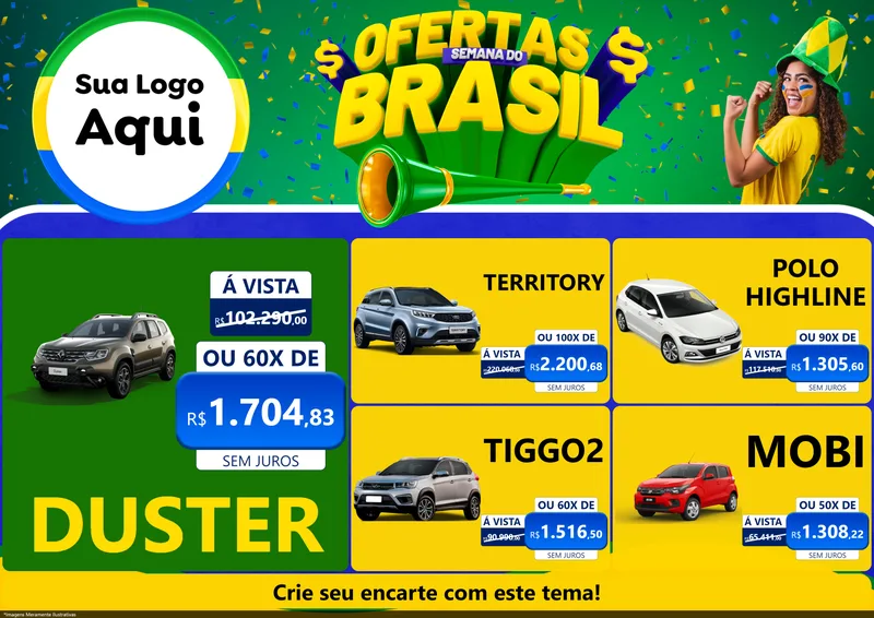 Modelo de Encarte para Encarte A4 Horizontal com o tema Ofertas Semana do Brasil para Concessionaria de Carros