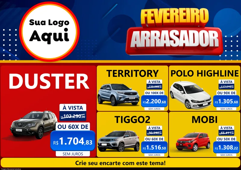 Modelo de Encarte para Encarte A4 Horizontal com o tema Fevereiro Arrasador para Concessionaria de Carros