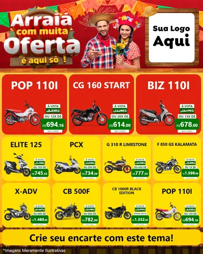 Modelo de Rede Social para Feed Instagram com o tema Arraiá Com Muita Oferta - É Aqui Sô! para Concessionaria de Motos