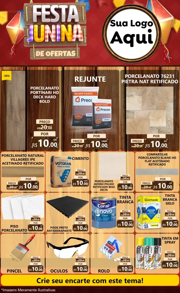 Modelo de Encarte para Encarte Grande com o tema Festa Junina de Ofertas para Pisos e revestimentos