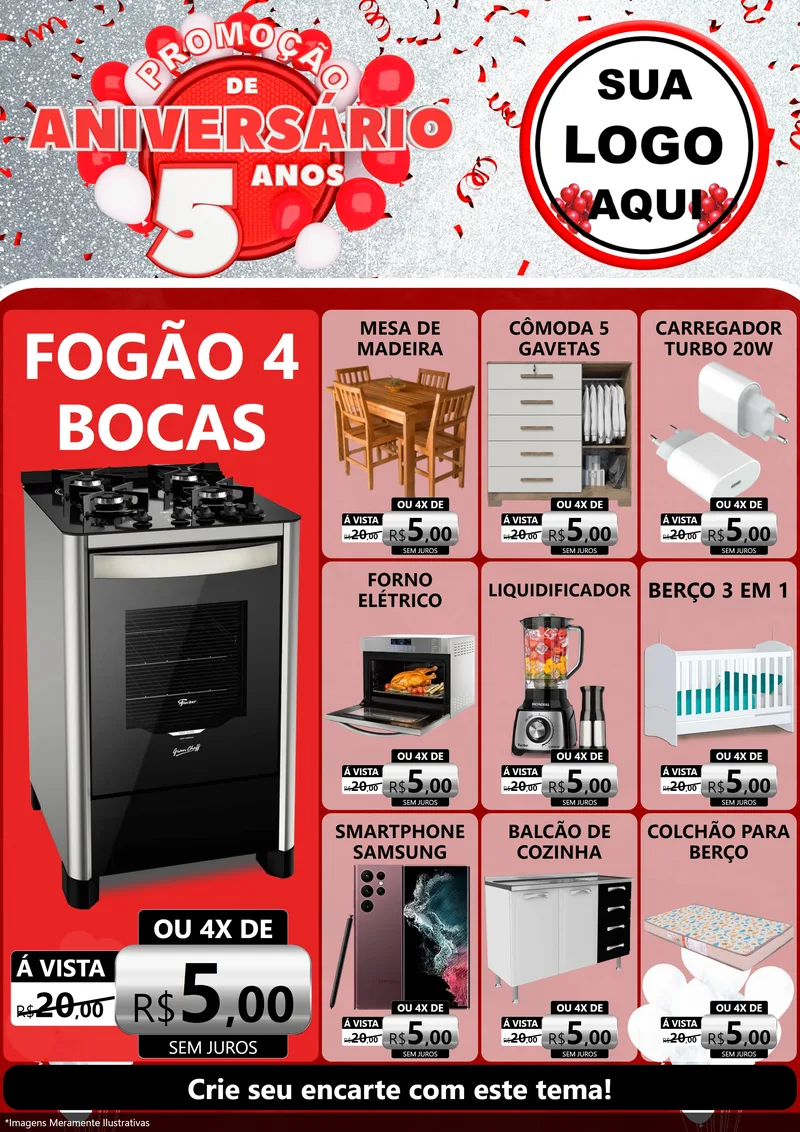 Modelo de Encarte para Encarte A4 Vertical com o tema Promoção de Aniversário - 5 Anos para Móveis e Eletro